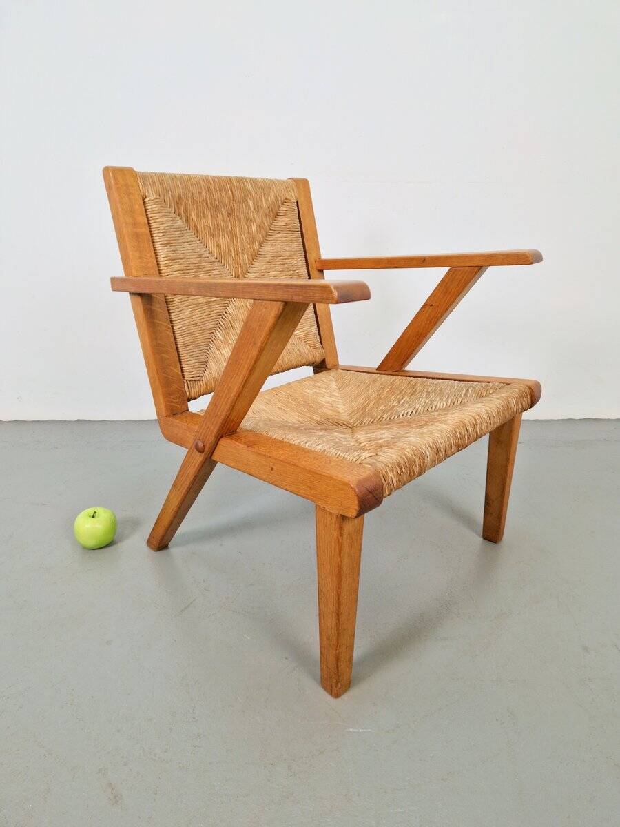 Chaises en bois brutalistes modernistes en paille, années 1940, ensemble de 3