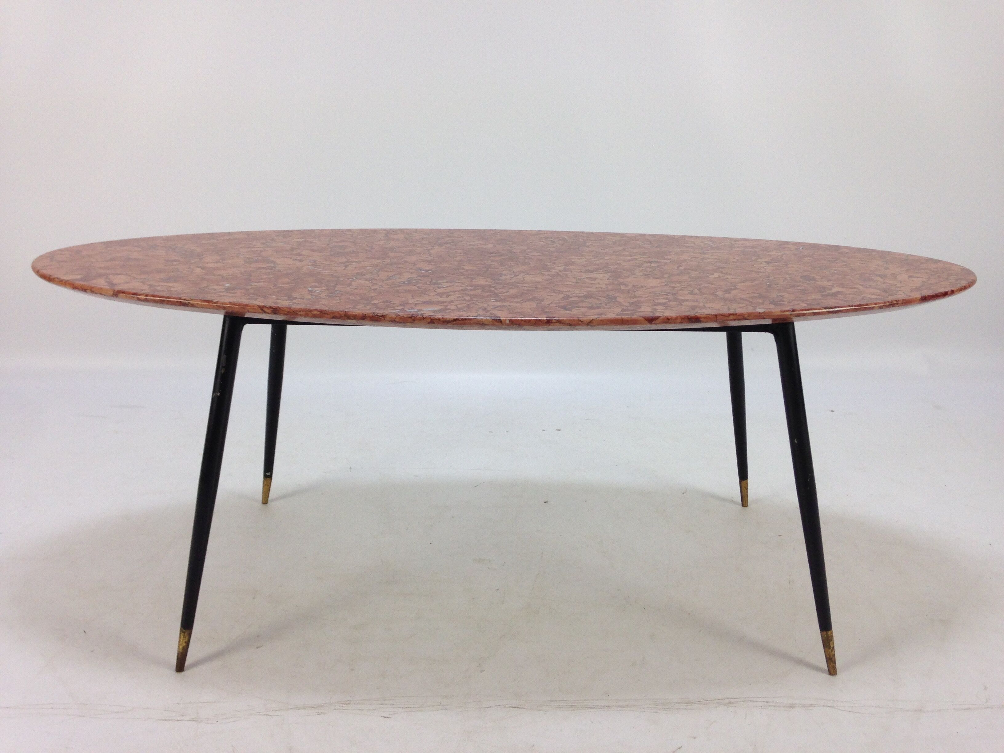 Italian Midcentury Coffee Table with Marble Top and Brass Feet, 1950s