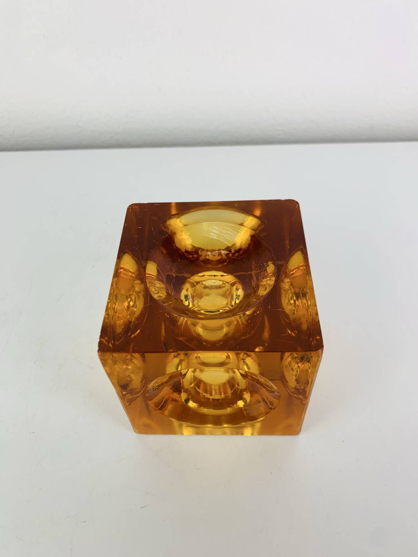 Bougeoir ice cube verre ambré années 60