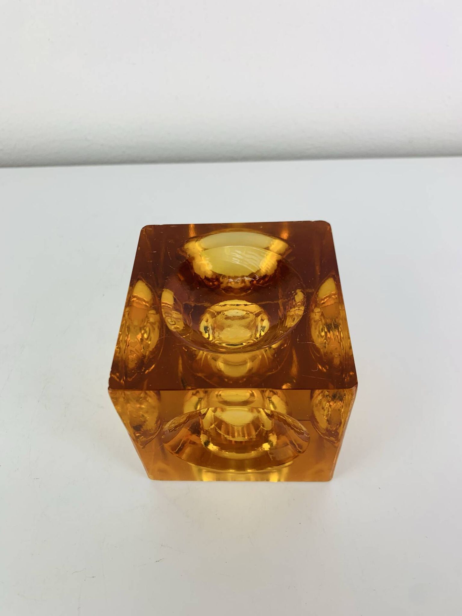 Bougeoir ice cube verre ambré années 60