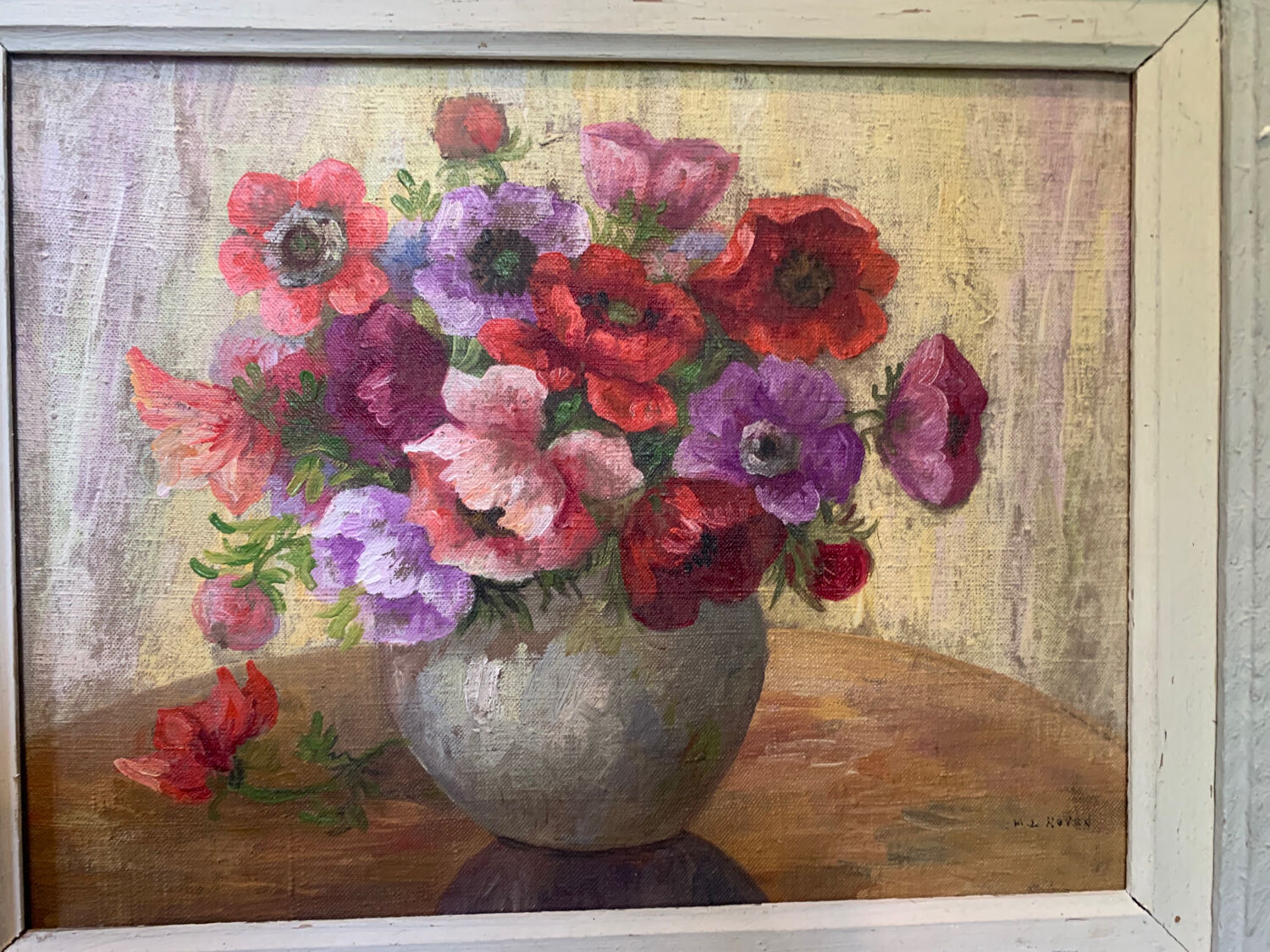 Pair paintings, oil on canvas still life pink flowers