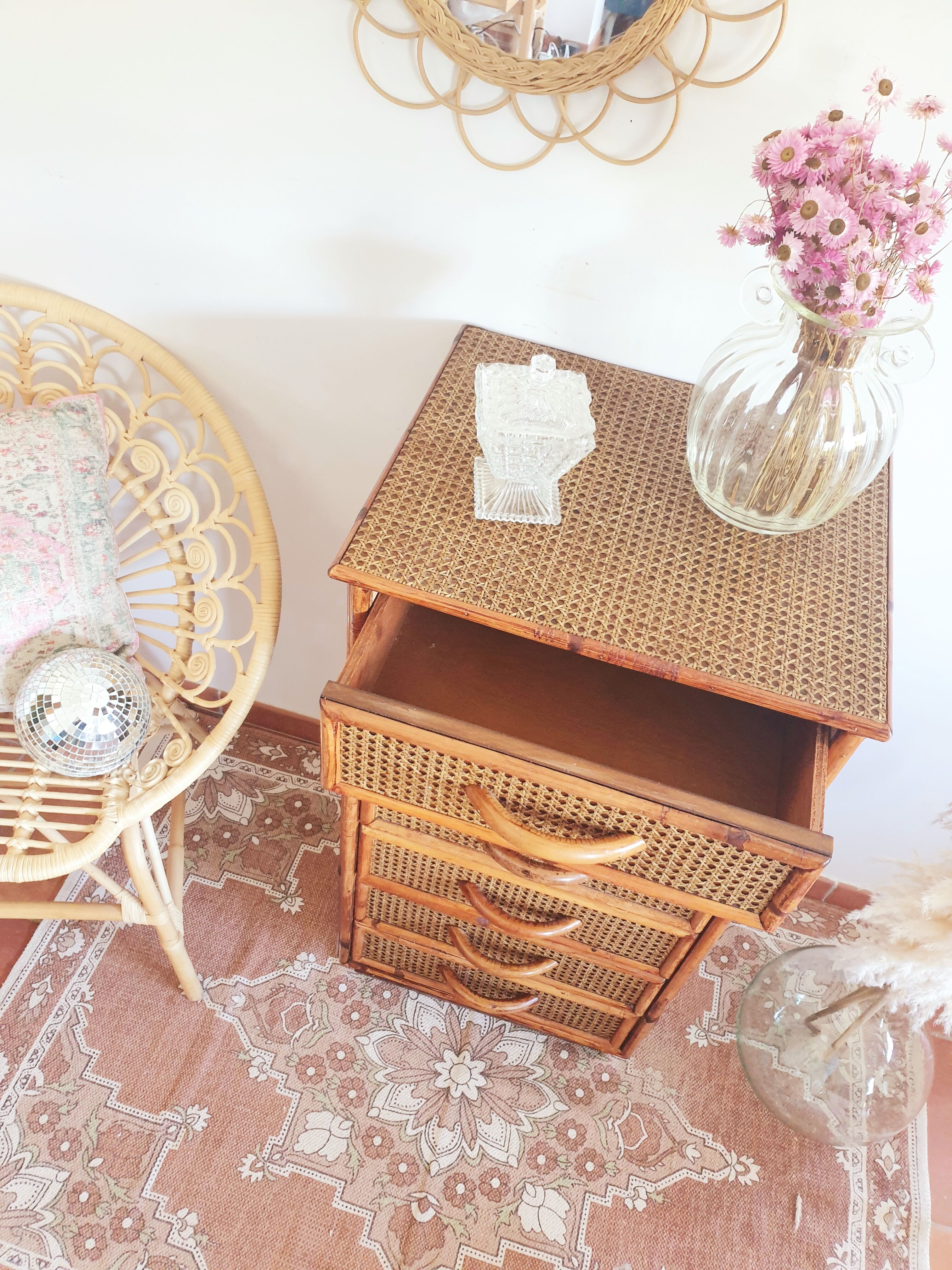 Rattan and canning chest of drawers