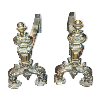 Pair of cast iron and bronze chenets