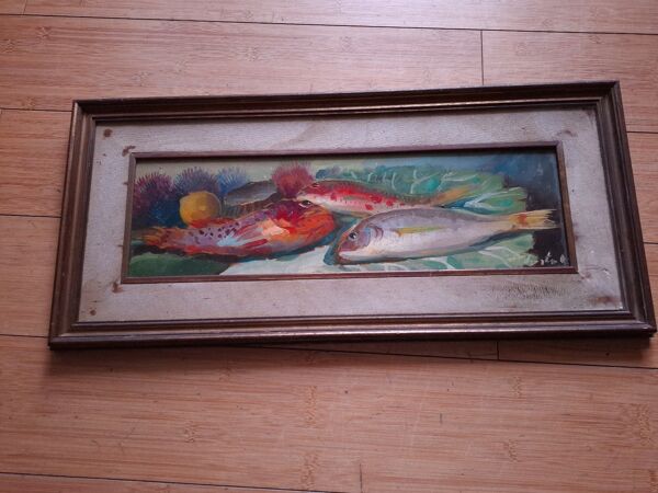 Huile sur panneau ,  nature morte poisson
