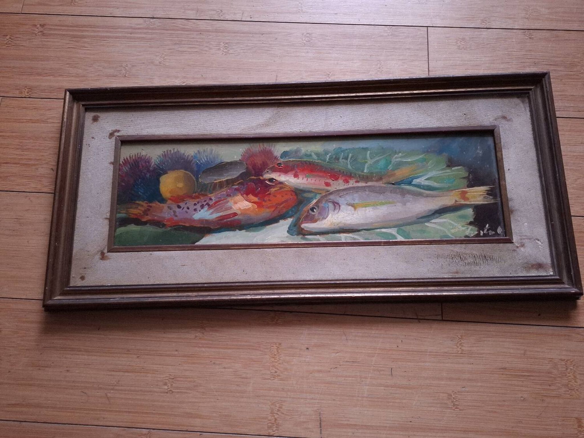 Oil on panel, still life with fish