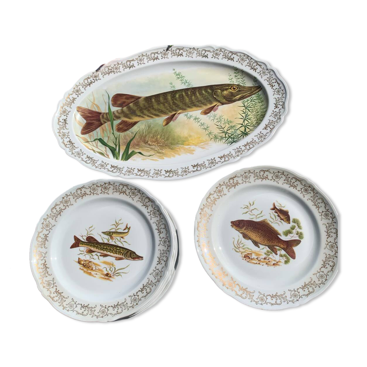 Set of plates and fish dish