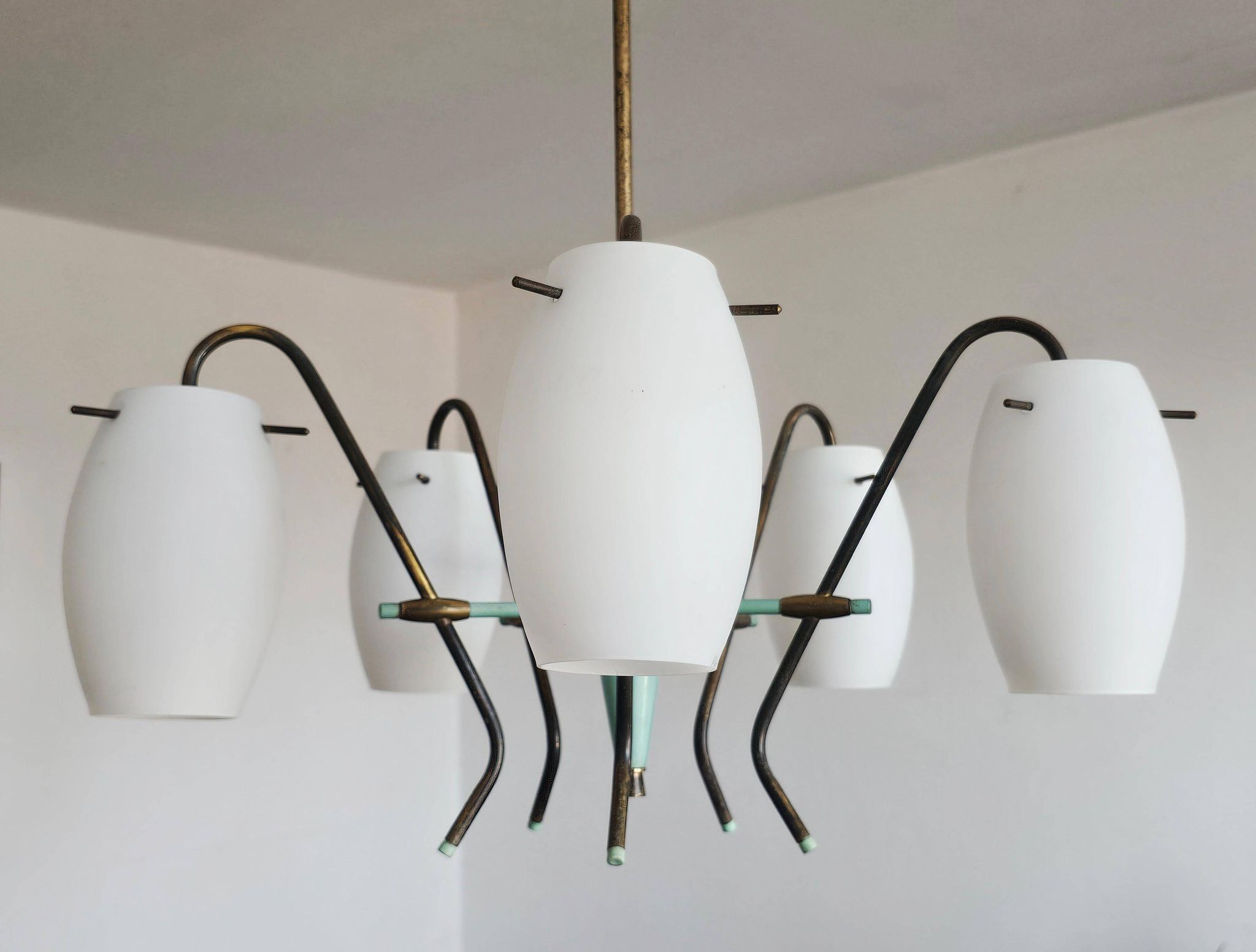 Opaline glass and brass chandelier mid-century Stilux Milano 1950s