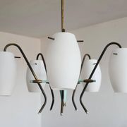 Opaline glass and brass chandelier mid-century Stilux Milano 1950s