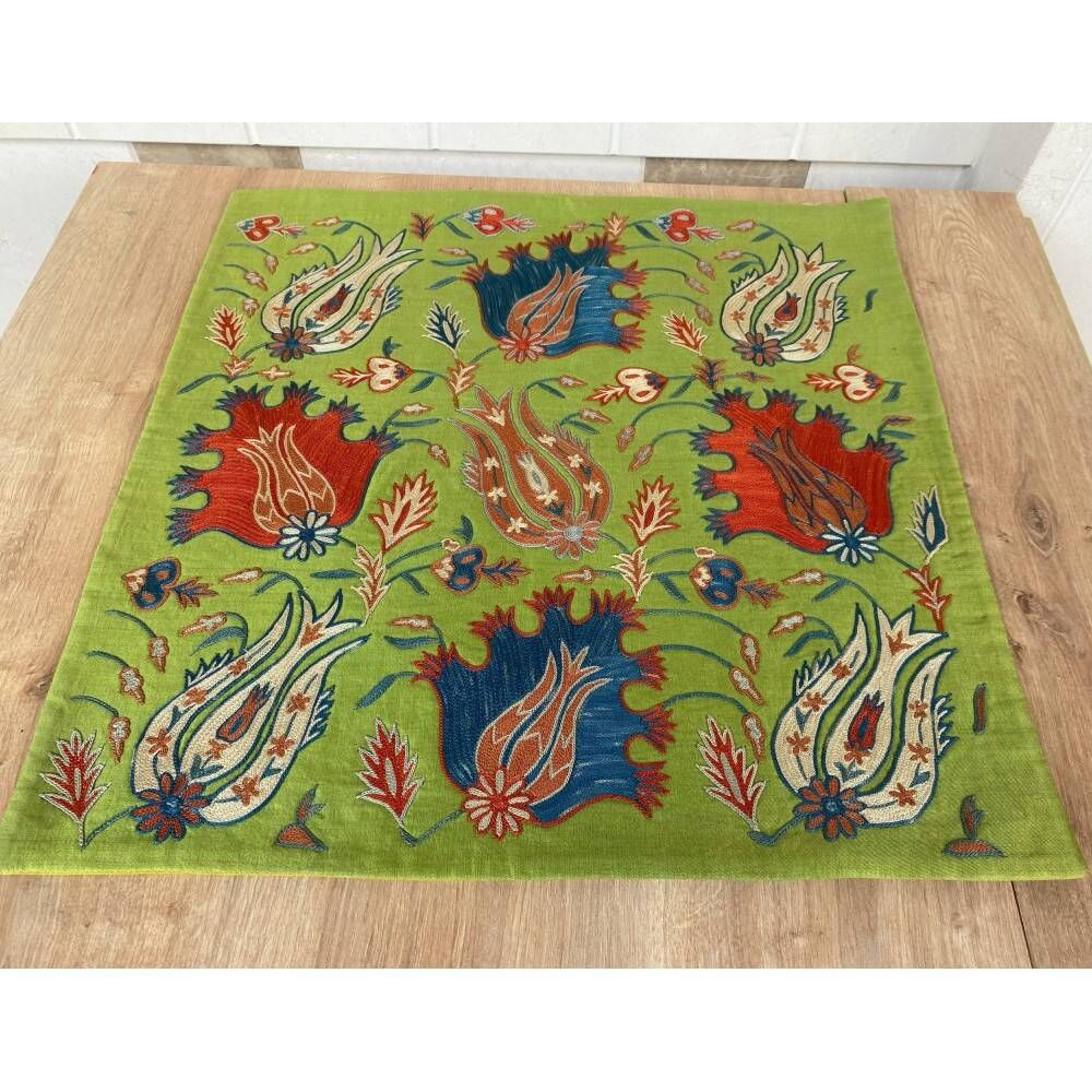 Silk Embroidered Floral Cushion Cover. Green Pillow Cover. Uzbek Suzani Throw Pillow. Traditional Accent Pillow