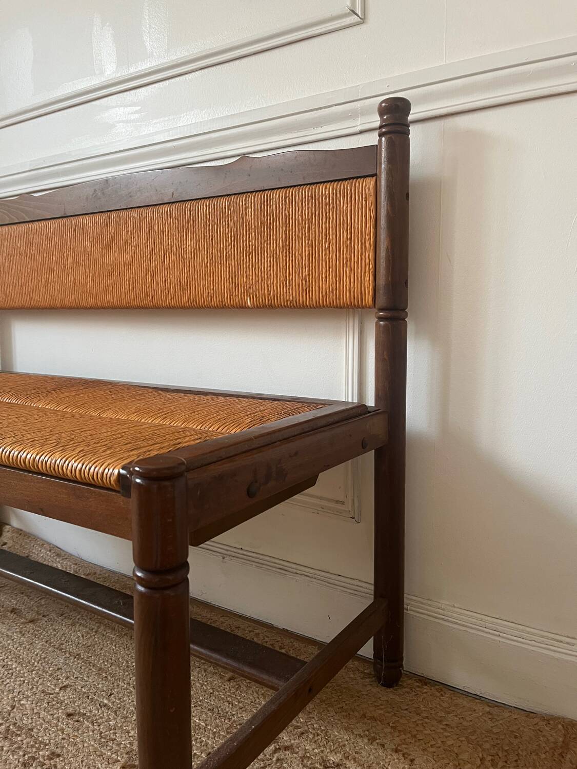 Provençal rustic wood and straw bench