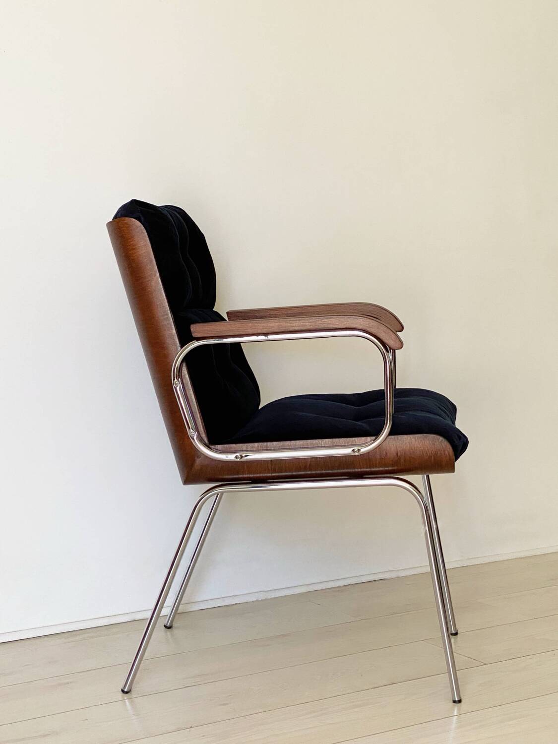 Vintage wood and metal velvet armchair