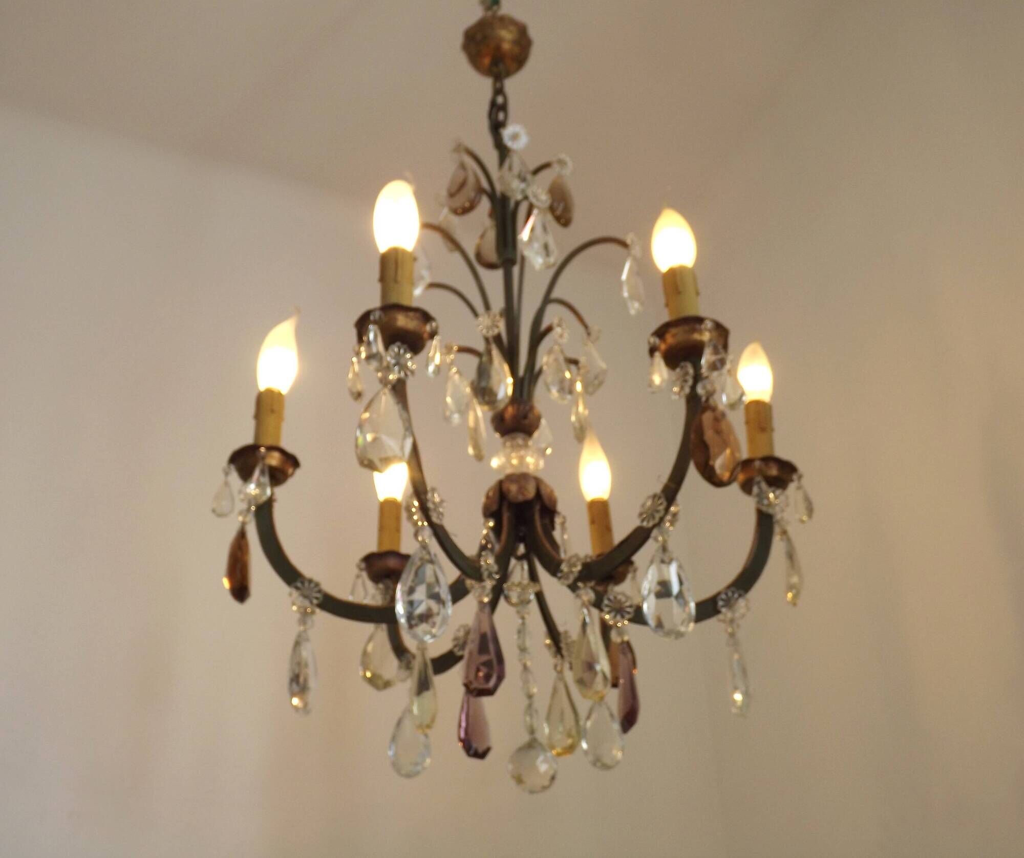 French Art Deco 6-Light Green Finish Bronze Crystal & Glass Chandelier 5343