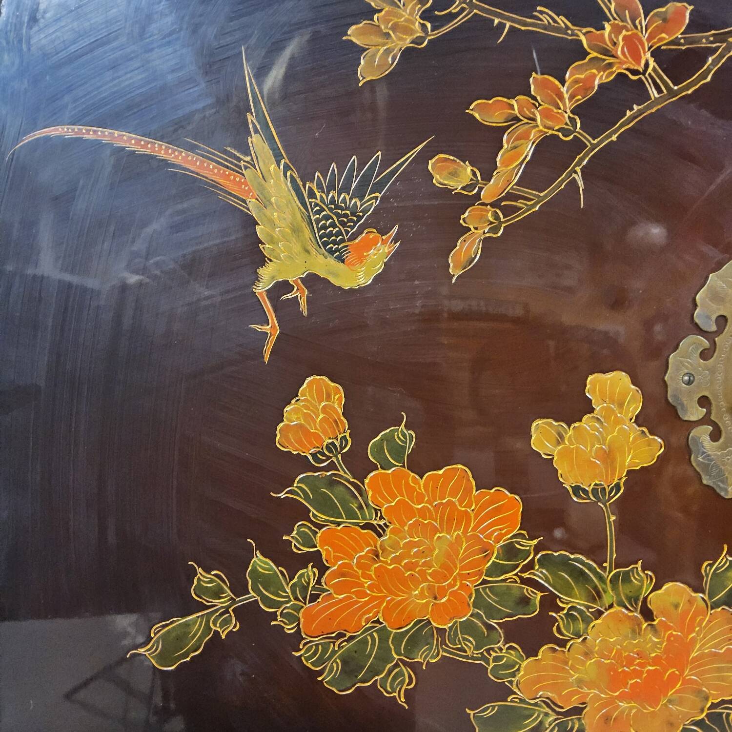 Vintage red / gold Chinese lacquer cabinet with flowers and birds