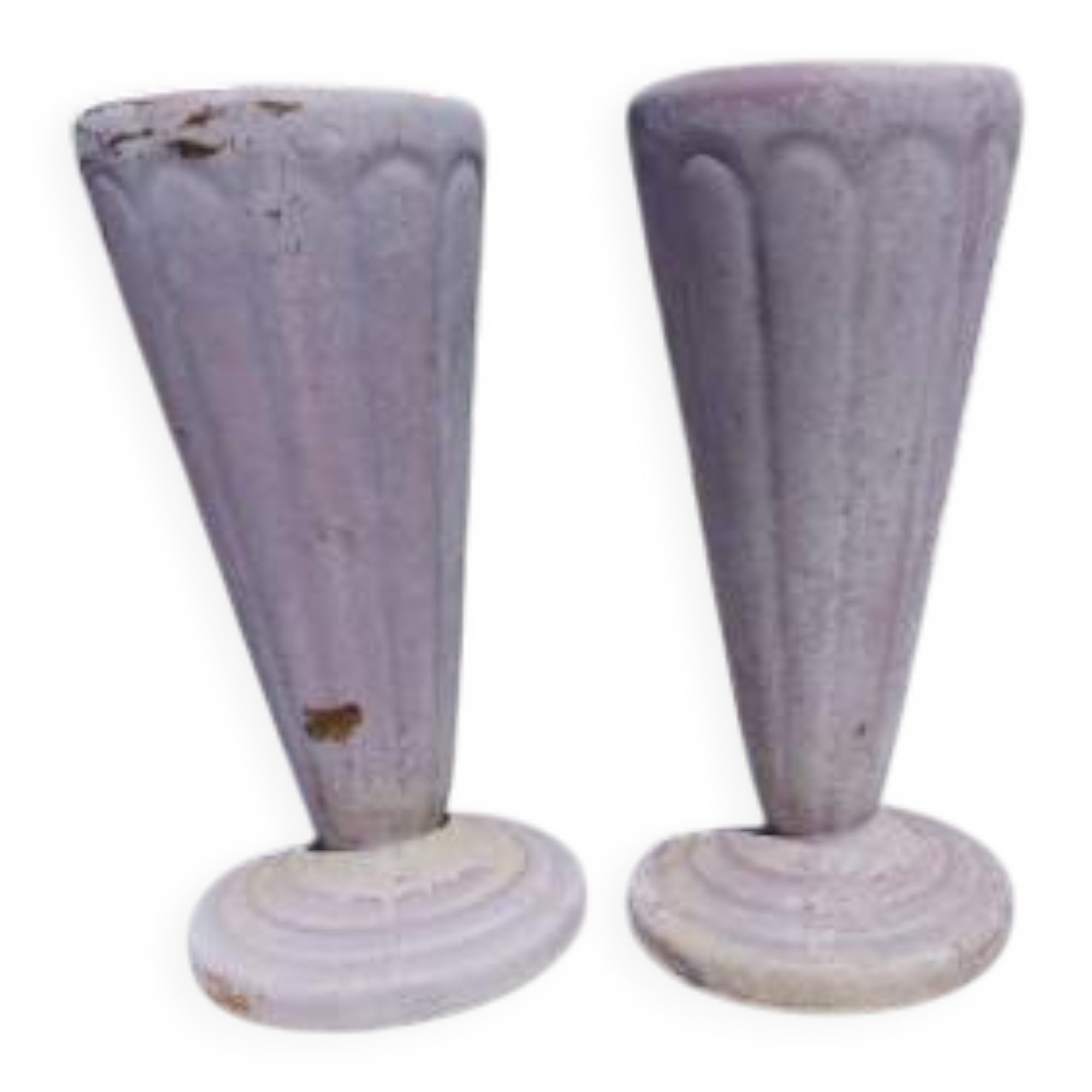 Pair of mauve enamelled cast iron art deco vases from Charleville-Mézières