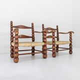 Set of Oak and Rush Bobbin Armchairs Charles Dudouyt style , 1940s