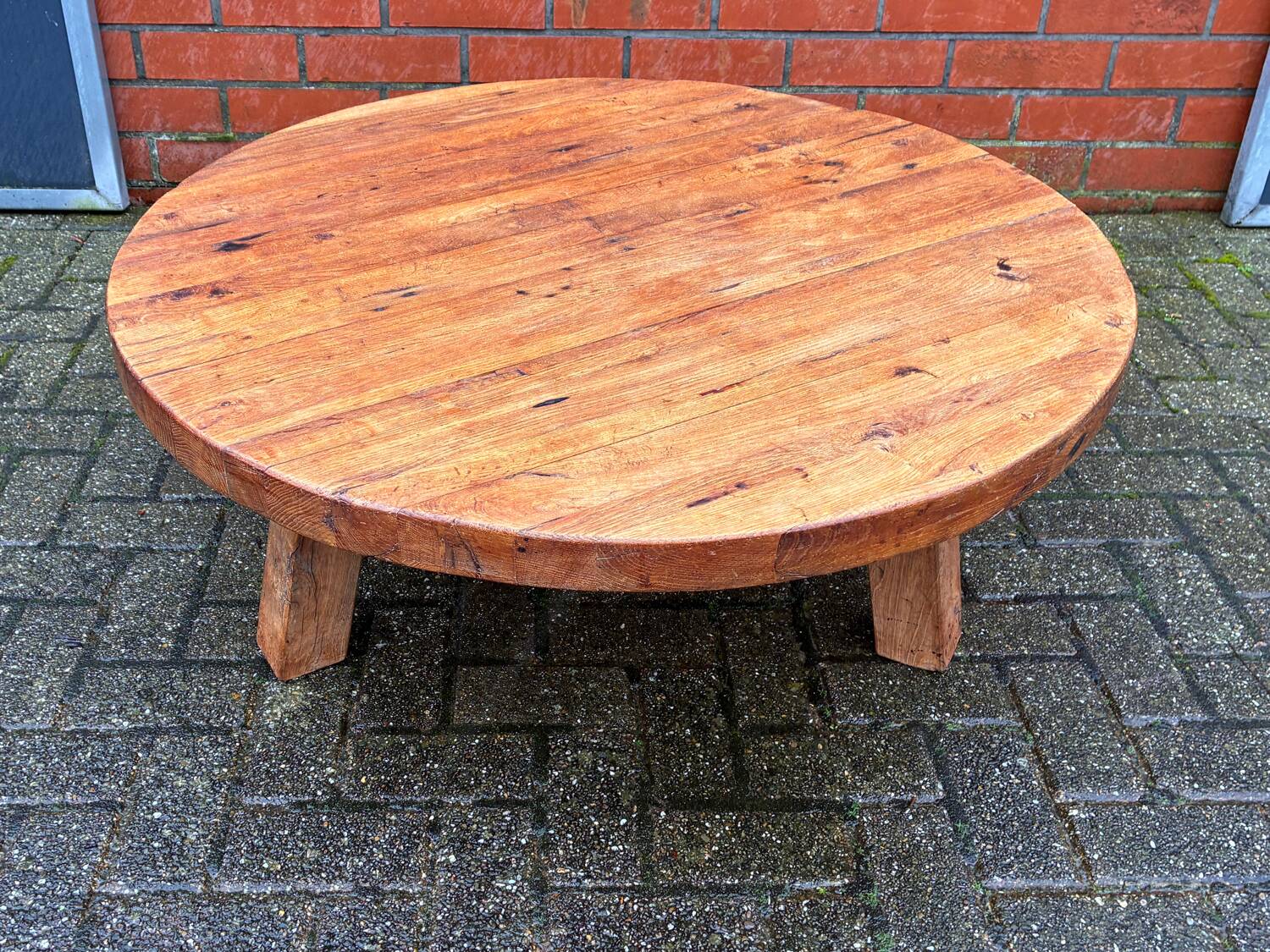 Brutalist oak coffee table thee legs