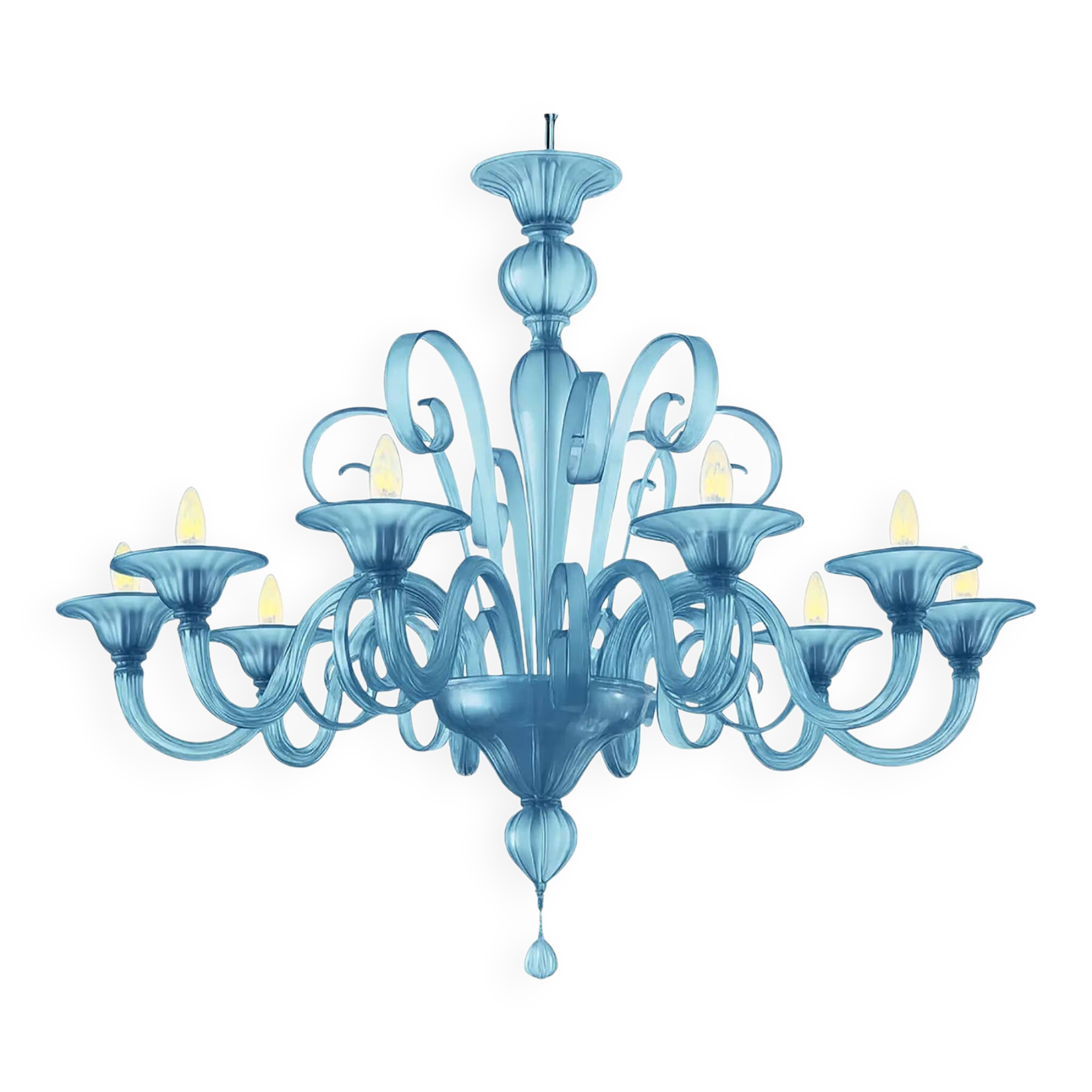 Contemporary Venetian Blue Satin Murano Glass Chandelier with 8 Arms