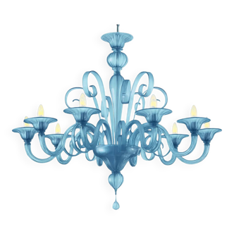 Contemporary Venetian Blue Satin Murano Glass Chandelier with 8 Arms