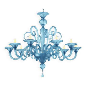 Contemporary Venetian Blue Satin Murano Glass Chandelier with 8 Arms