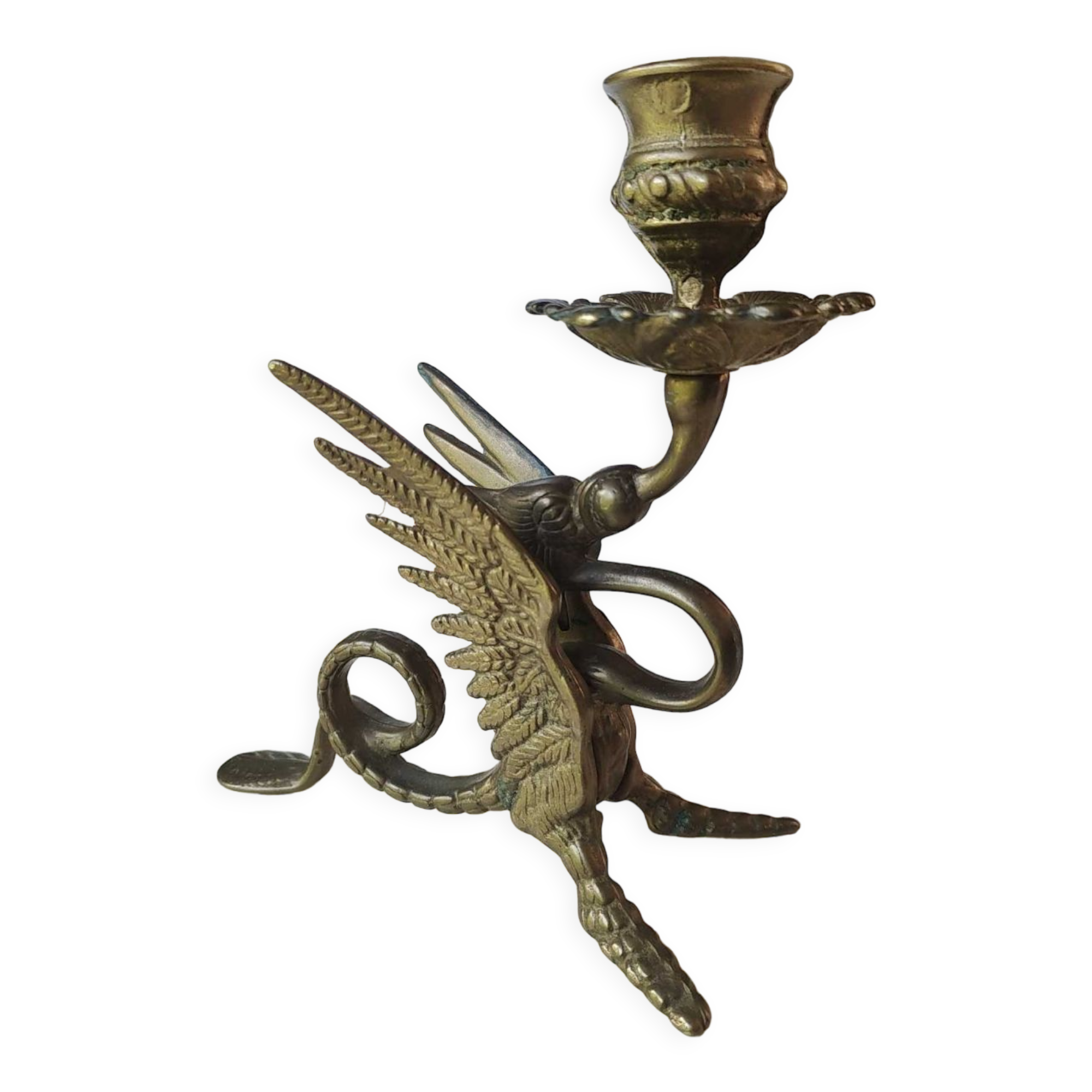 Pair of bougeoirs antiques dragons winged / chimeras / phoenix, style napoleon iii, 19th. in gilded bronze