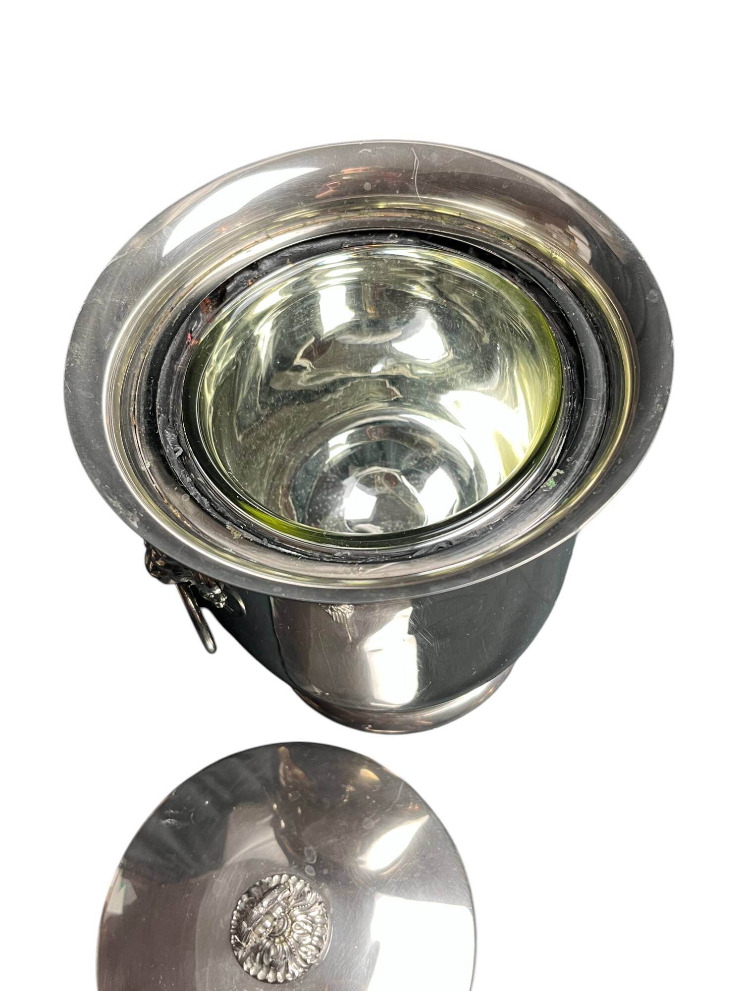 Tableware, Thermid silver metal ice bucket, glass bowl, lion handles X