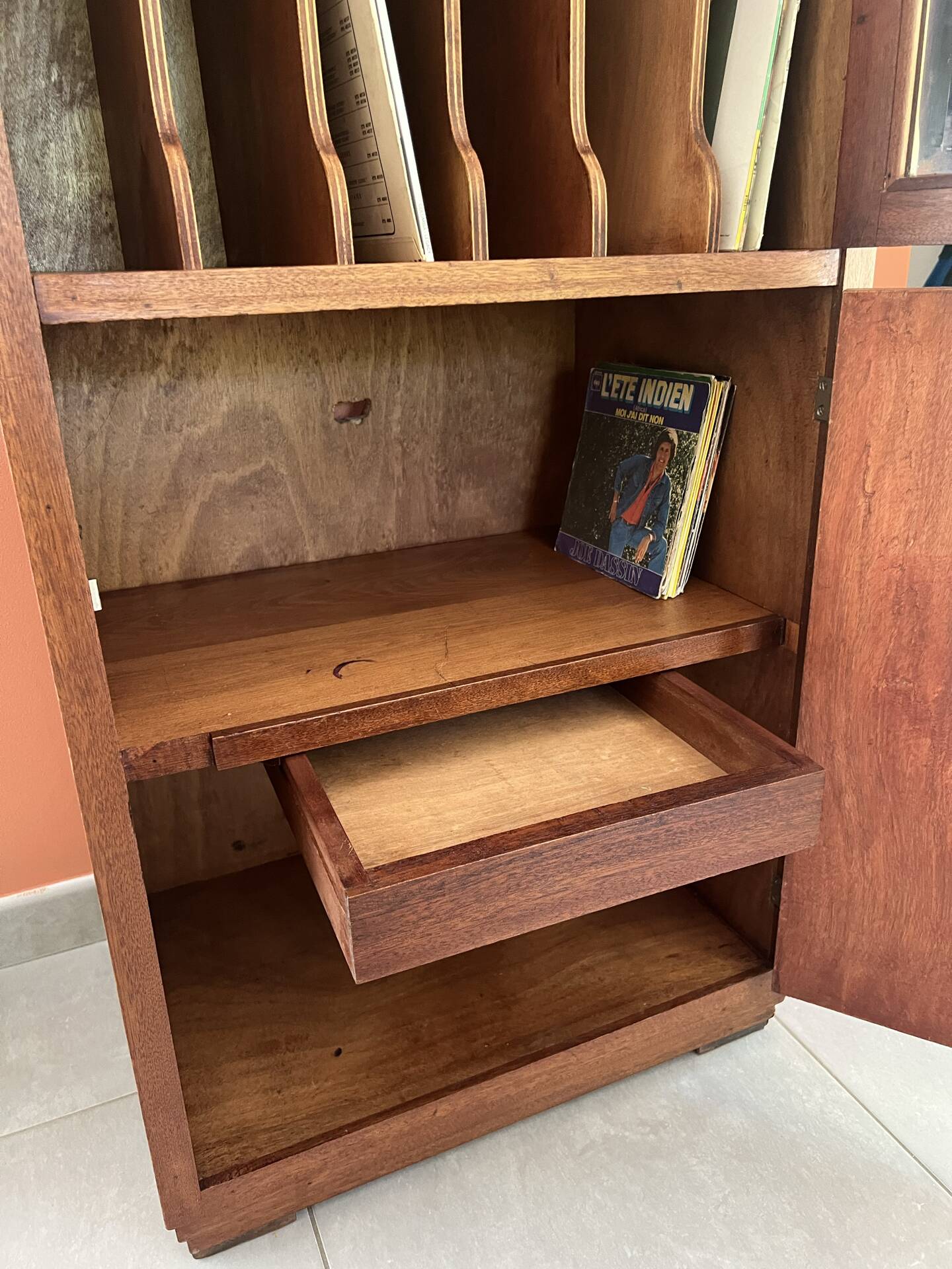 Vintage wooden furniture, vinyl storage, bookshelf, desk.