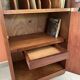 Vintage wooden furniture, vinyl storage, bookshelf, desk.