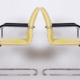 Yellow Bauhaus armchairs made in 1930s Czechia. Non restored chrome and fabric.