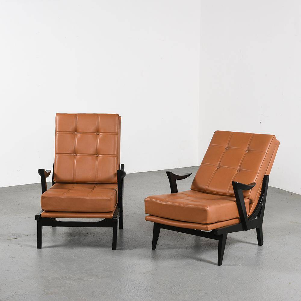 Wooden and leather armchairs, circa 1950