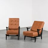 Fauteuils en bois et cuir, circa 1950