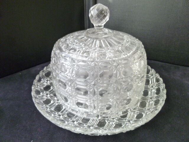 Antique cheese bell on its molded pressed glass tray