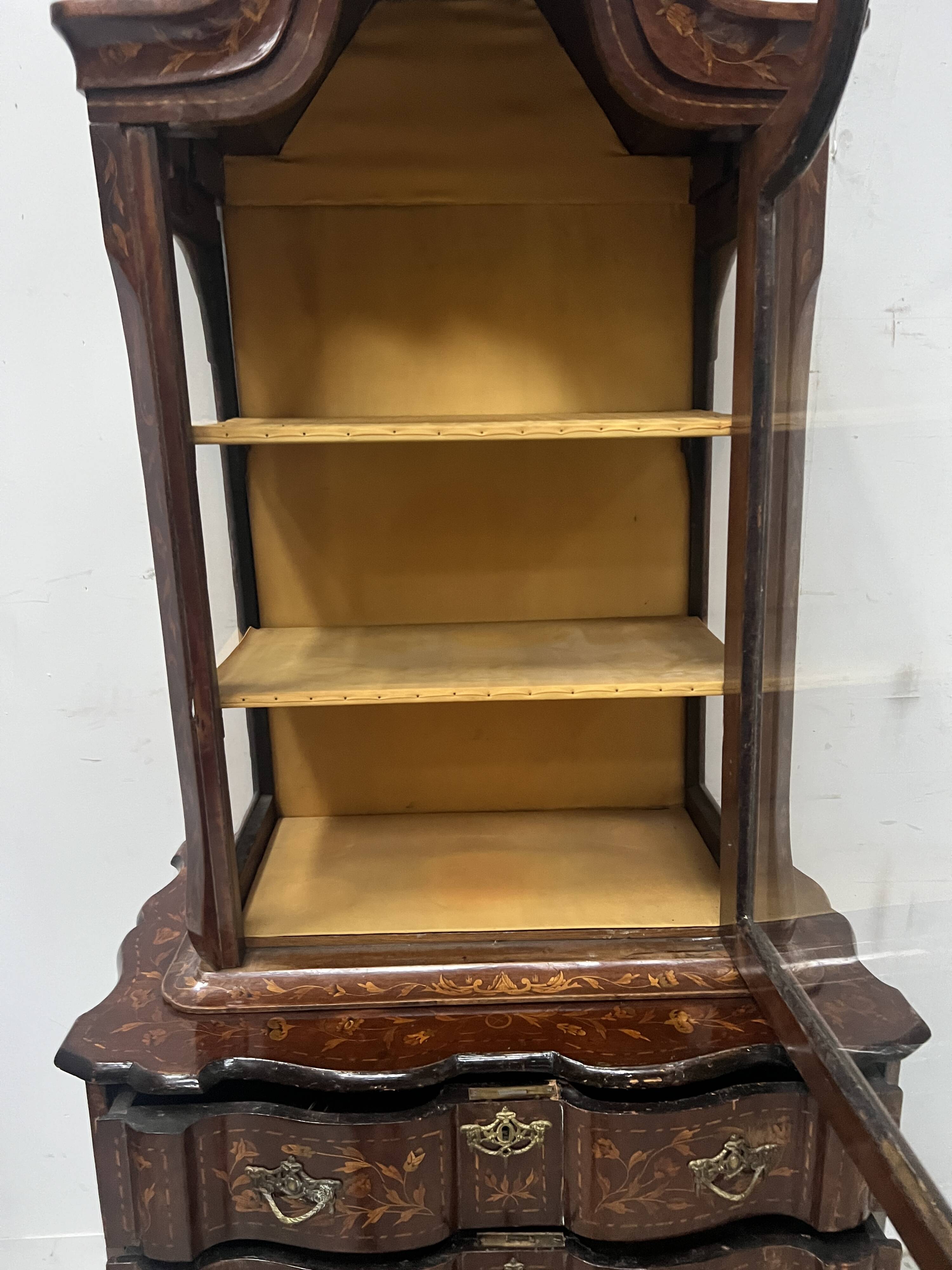 Dutch display cabinet in two parts made of marquetry wood.