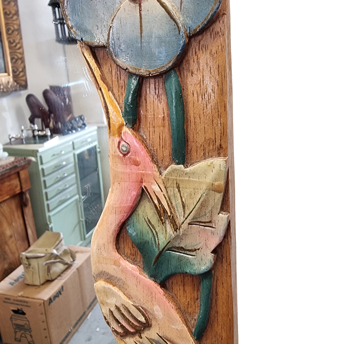 Vintage Balinese Wooden Mirror With Herons And Flowers, 1980/90s