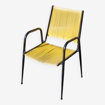 Scoubidou armchair, black metal armchair and yellow plastic wires, vintage chair