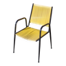 Fauteuil scoubidou, fauteuil métal noir et fils plastiques jaune, chaise vintage