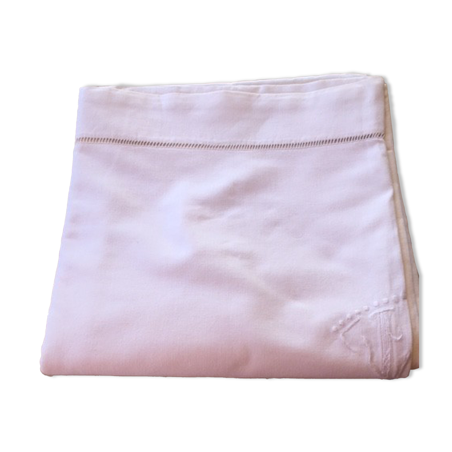 Old white linen sheet monogram TT 222 X 300 cm