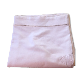 Old white linen sheet monogram TT 222 X 300 cm