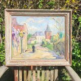 Vintage Impressionist canvas - lively village scene, signed