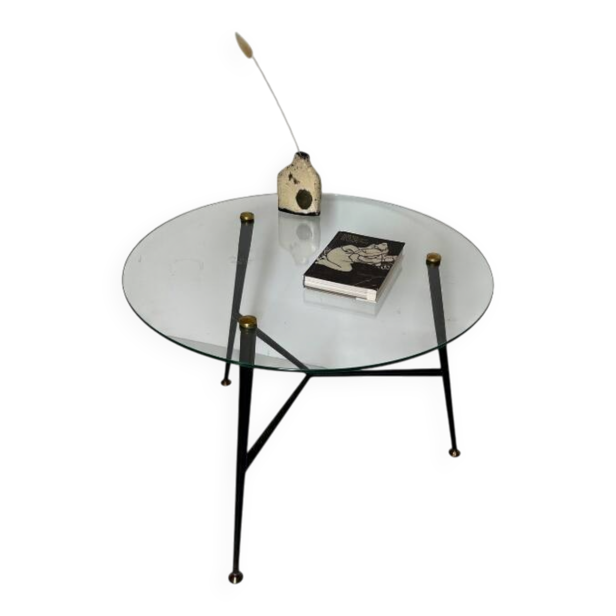 1950s Round Glass and Metal Coffee Table