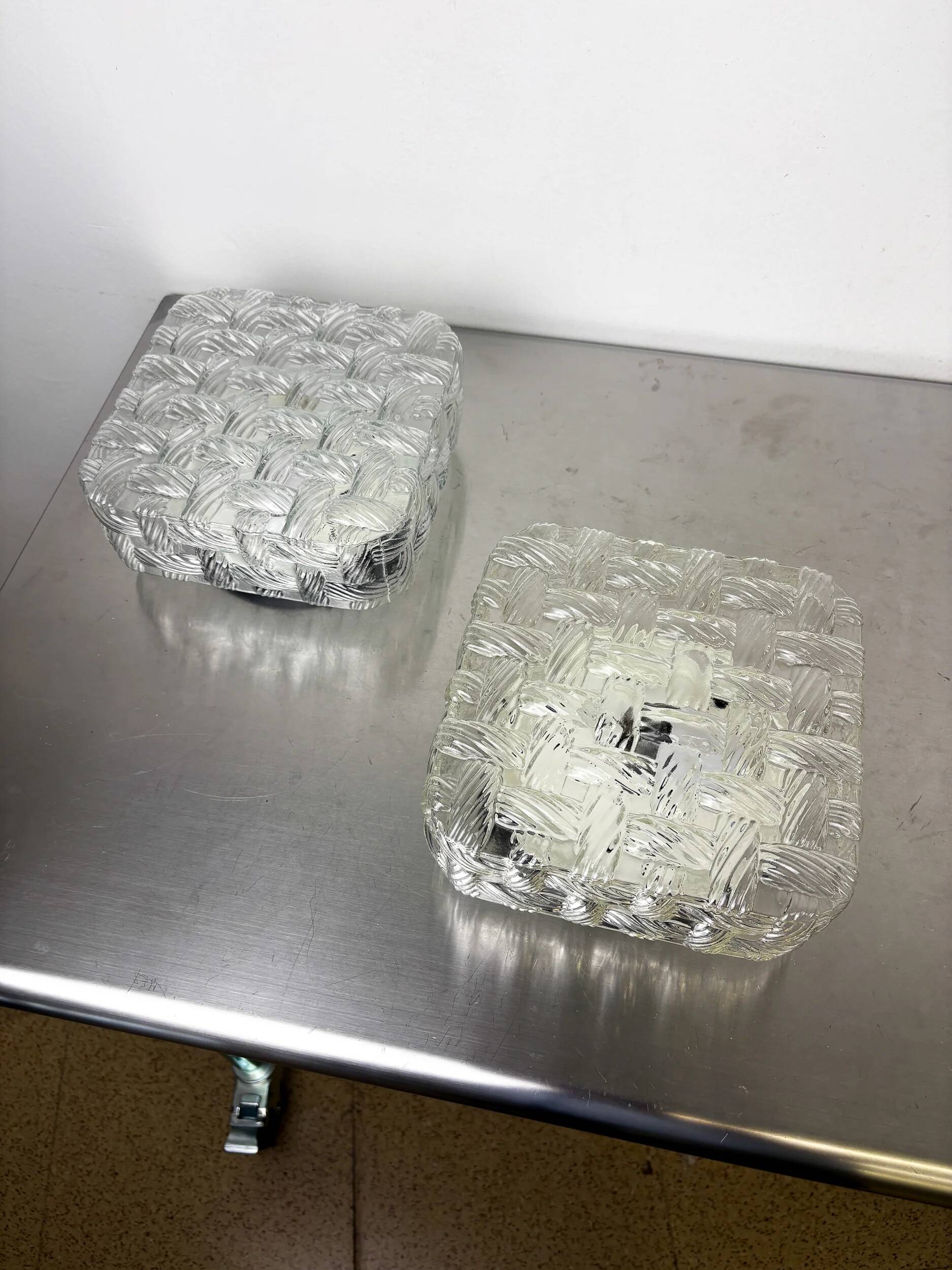 Pair of woven textured glass wall lights by Leuchten, Germany, 1970s