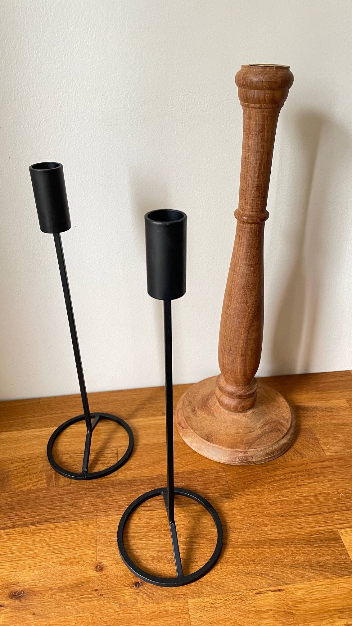 Trio of Vintage Teak and Steel Candlesticks