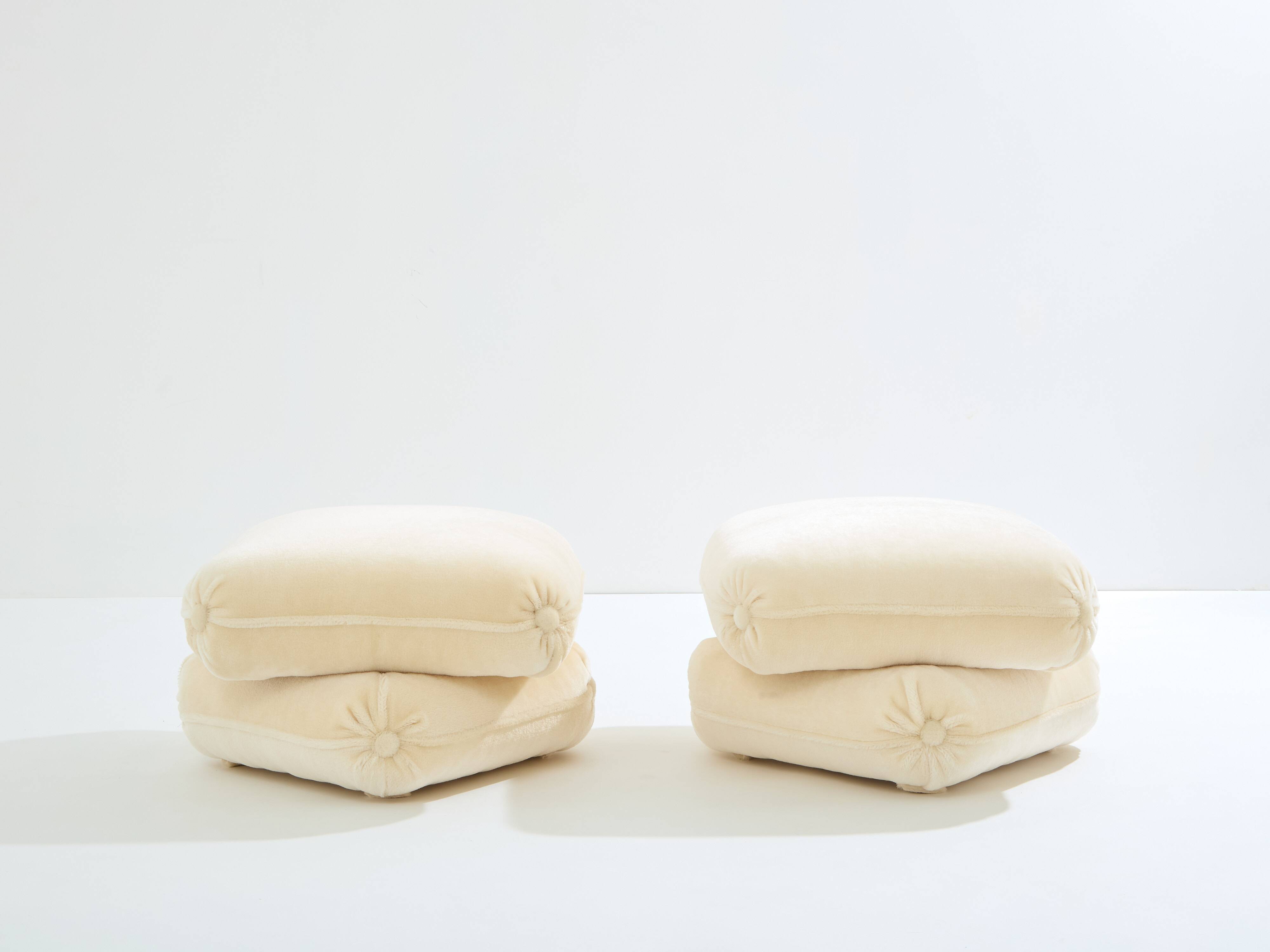 Jacques Charpentier pair of mohair velvet pouffes 1970