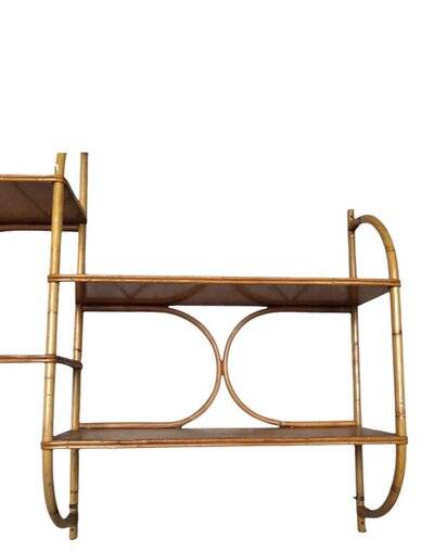 Vintage 1960s wooden and rattan shelf with 4 shelves
