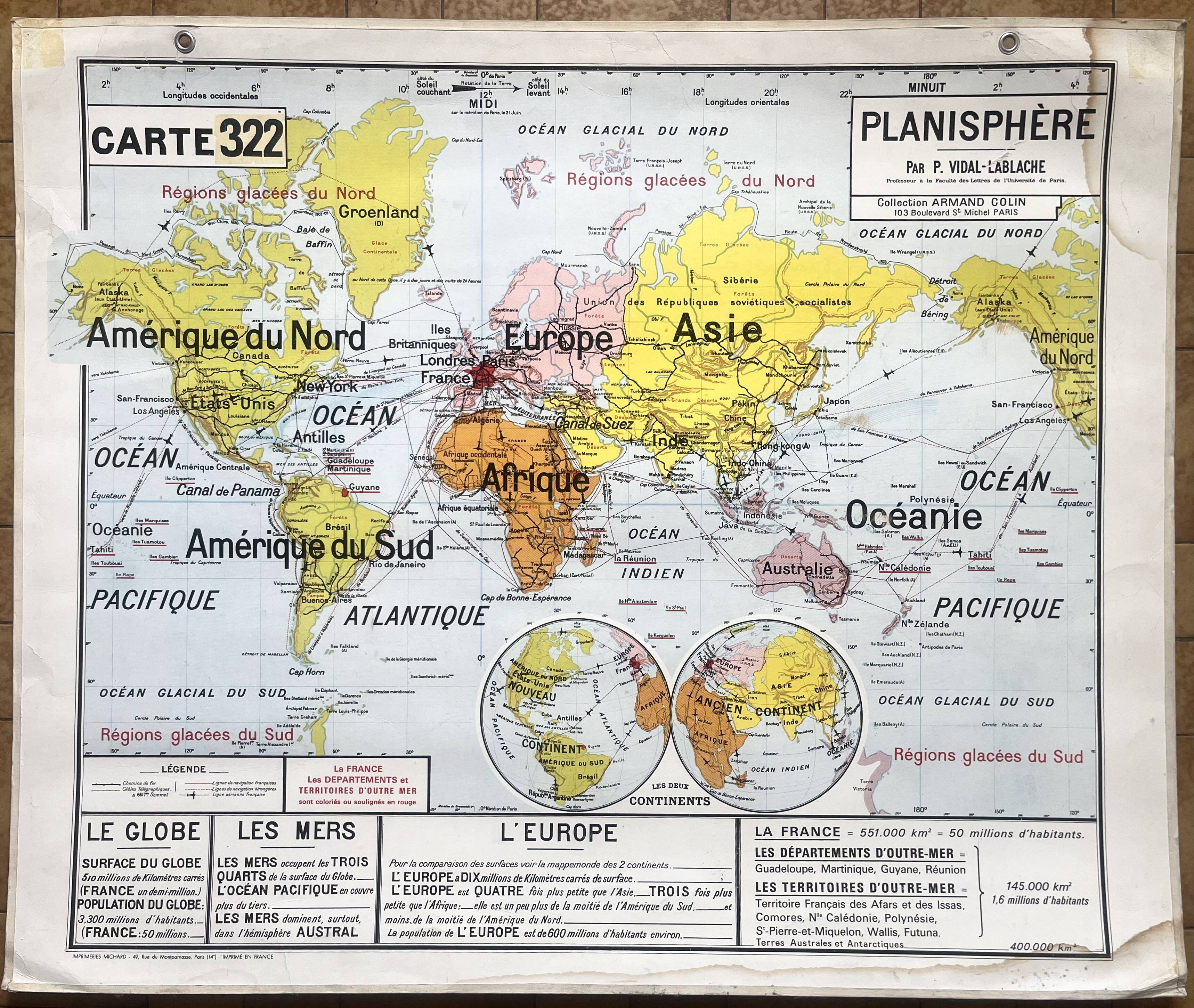 Old school map Vidal-Lablache 322, 1960 - World map, Out