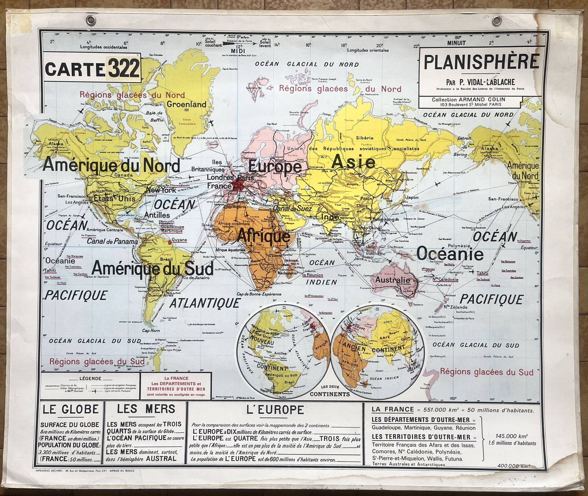 Ancienne carte scolaire Vidal-Lablache 322, 1960 - Planisphère monde, Out