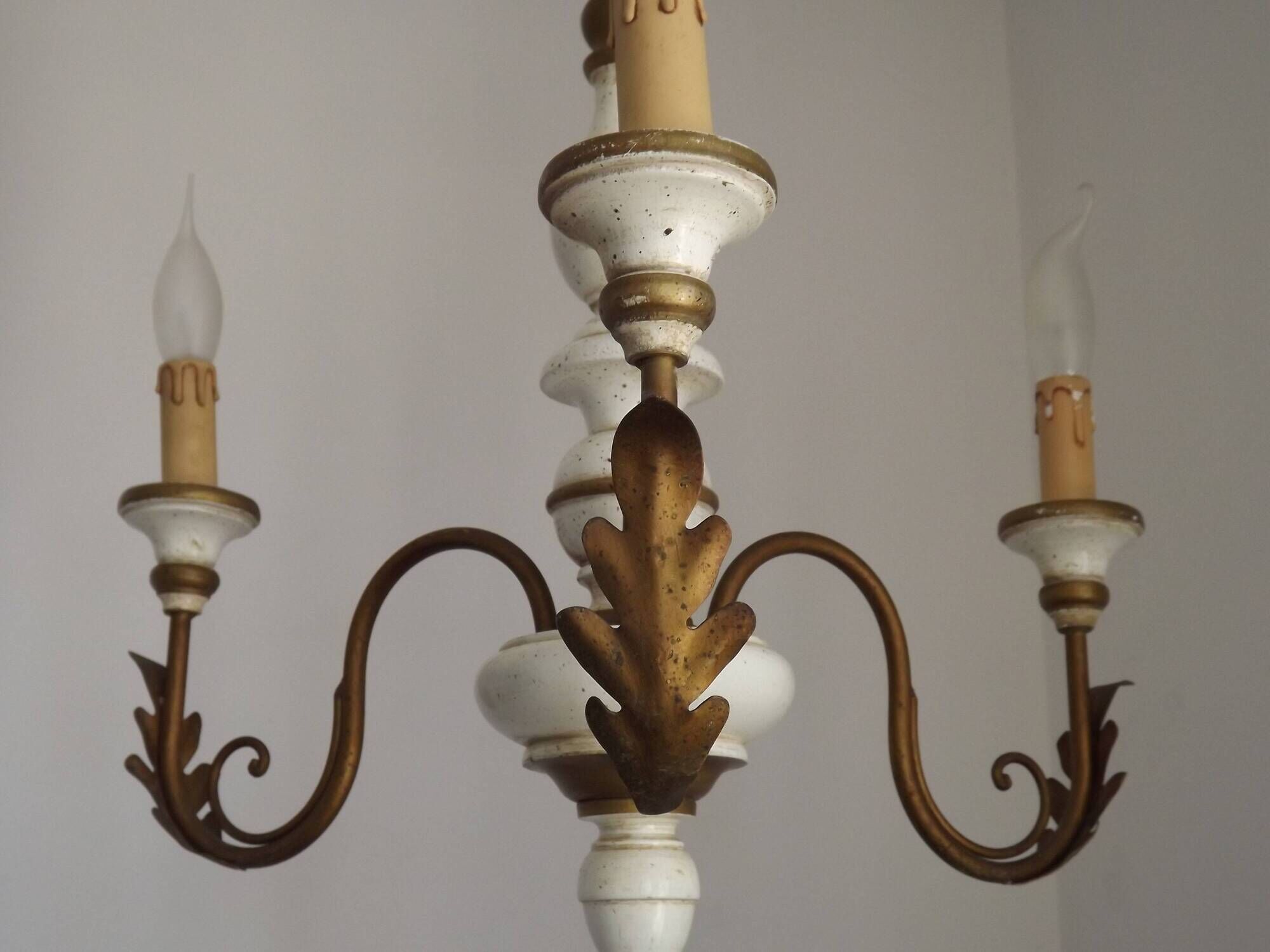 Vintage French 3-Light Chandelier White Wood & Bronzed Effect Metal