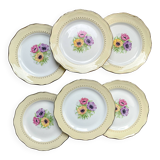 6 vintage porcelain dinner plates with white and golden yellow floral pattern L'Amandinoise "Coopélia" - Vintage floral tableware