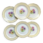 6 assiettes plates en porcelaine vintage motif fleuri blanche jaune doré L'Amandinoise "Coopélia" - Vaisselle vintage fleurie