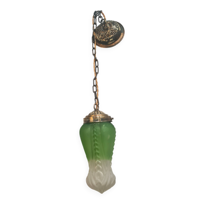 suspension lanterne art nouveau verre moulé  laiton elec  fixation ok h 60x