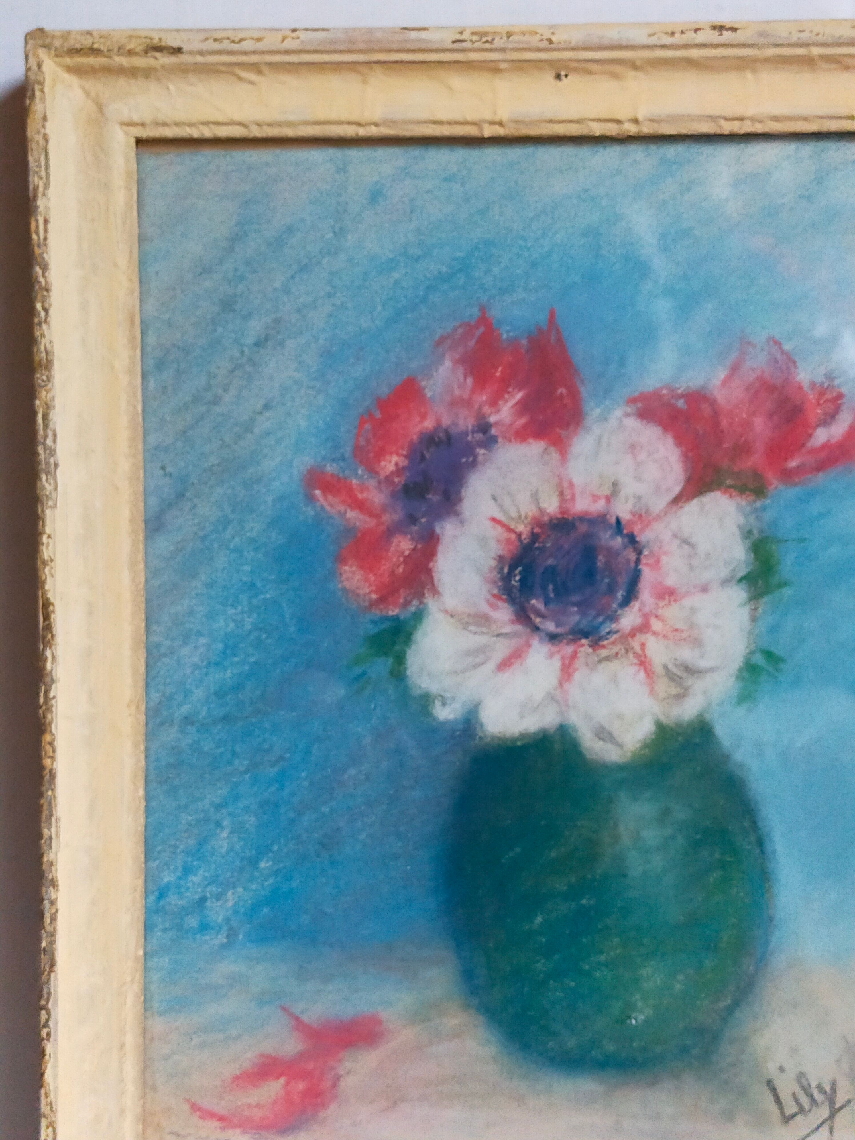Pastel encadré "Les anémones" vintage